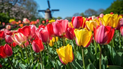 Vibrant tulips blooming in a field with a windmill in the background under a clear blue sky.