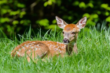 Baby roe deer (Capreolus capreolus) resting in grass on a sunny day in may. Netherlands