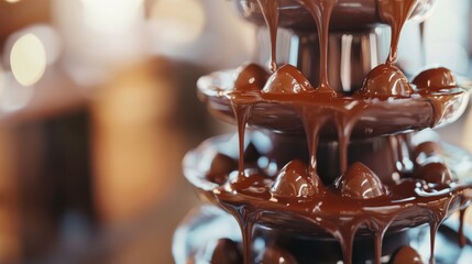 A chocolate fountain displays rich, melted chocolate flowing over multiple tiers. The fountain is surrounded by an array of assorted sweets, creating a delightful dessert experience