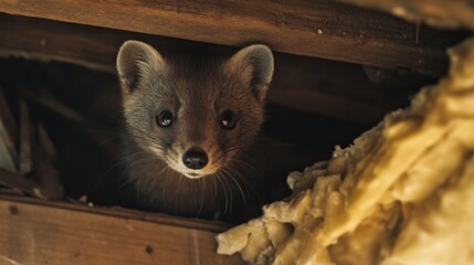 A small marten curiously peers from a gap between wooden beams in an attic. Soft insulation surrounds its face, adding a cozy yet wild atmosphere