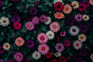 An aerial view of a vibrant bed of multicolored chrysanthemums in full bloom surrounded by green foliage in the background.
