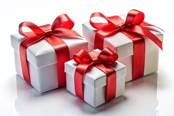 Obraz premium Macro Photography: Three Elegant White & Red Gift Boxes with Ribbons on White Background