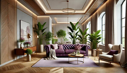 Fototapeta premium Beautiful modern chic living room with a purple leather sofa