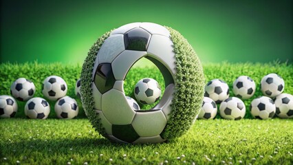 Naklejka premium Macro Photography: White Digit Zero with Footballs on Grass - Football World Cup