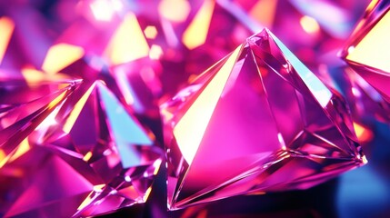 Abstract close-up of vibrant pink and yellow crystal pyramids.