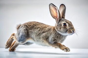 Fototapeta premium Macro Photo of a Running Gray Rabbit on Pure White Background - High-Resolution Stock Image