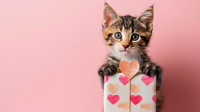 Adorable kitten cuddling a heart next to a beautifully wrapped gift box with heart patterns
