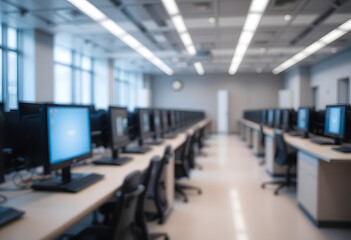 Fototapeta premium Blurred Abstract Background: A Silent Computer Room in Focus