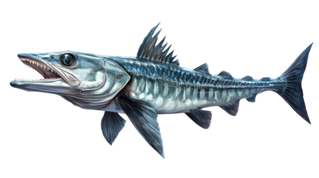 Majestic Barracuda: A detailed illustration of a barracuda fish, showcasing its sharp teeth and sleek, powerful body. Perfect for marine biology, fishing, or nature-themed projects.