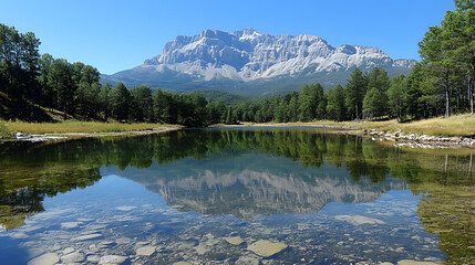 Photography of Mount Yamnuska reflected in a serene mountain lake, with crystal-clear water mirroring the rugged peak and surrounding forest.