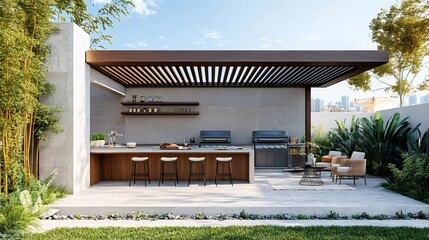 Modern outdoor kitchen featuring pergola, grill, and seating area