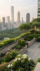 Fototapeta premium Rooftop garden overlooking city skyline at sunset.