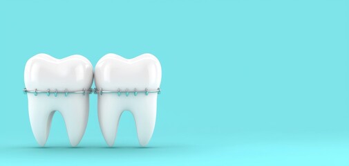 A dental model featuring braces on white teeth against a light blue background, illustrating orthodontic treatment.