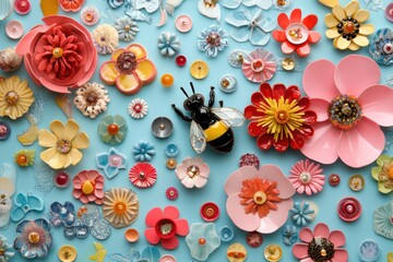 Fototapeta premium Bee amidst colorful handmade flowers on blue background; craft, design