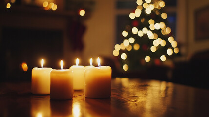 Four candles light Christmas tree background warm feeling