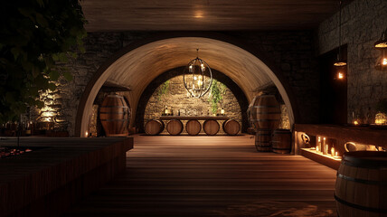 Wine cellar with oak barrels and lighting, feeling warm