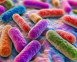 High-resolution microscopic image of colorful bacteria under white isolation