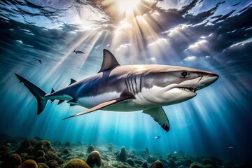 Obraz premium Majestic Black and White Shark Underwater Candid Photo
