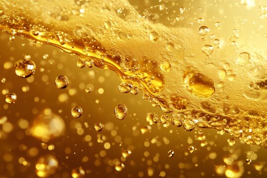 Golden liquid flowing and forming bubbles with foam