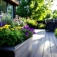 Backyard garden with a wooden deck and planter boxes filled with colorful blooms