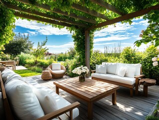 Fototapeta premium Backyard garden with a wooden pergola covered in climbing roses and comfortable outdoor furniture