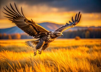 Fototapeta premium Majestic Eagle Dive: Bird of Prey Swooping Over Grasslands