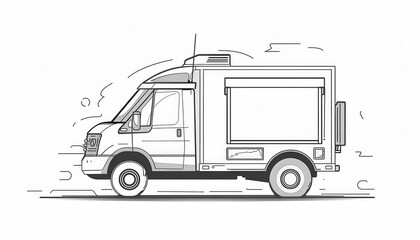 Line art illustration of a delivery truck moving fast. Ideal for delivery service logos, websites, or promotional materials.