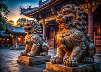 Fototapeta premium Majestic Foo Dog Guardian Lion Statue in Low Light, Chinese Temple Architecture