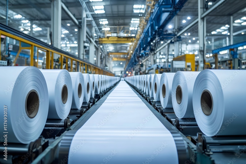 Poster paper rolls moving on conveyor belt in factory