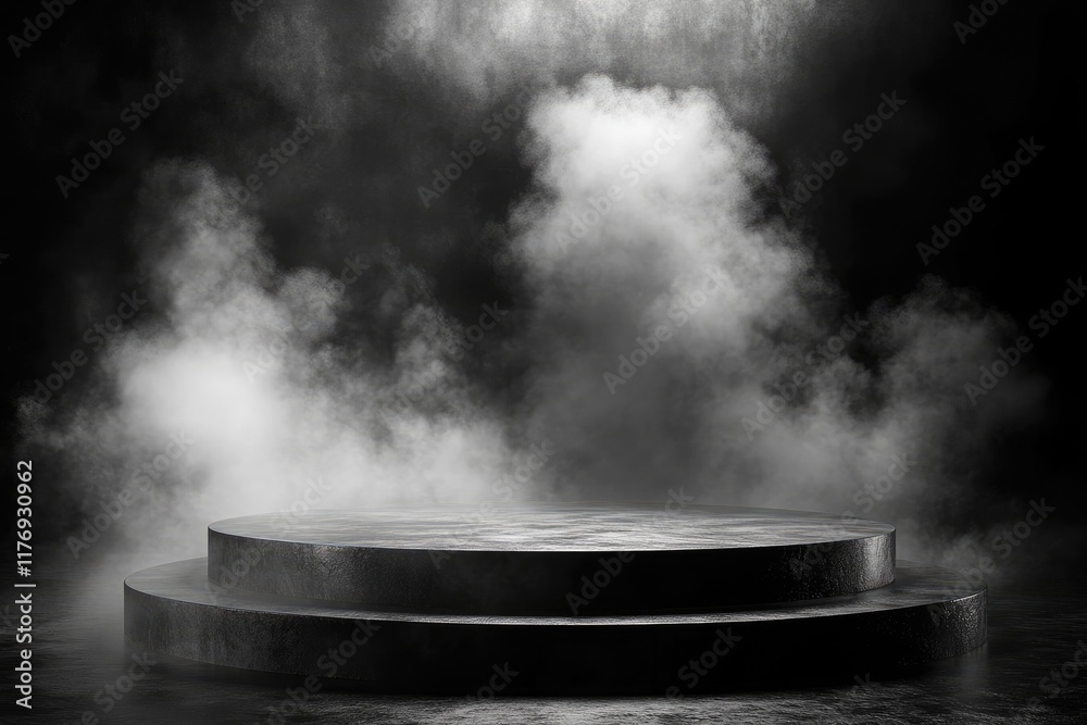 Aufkleber empty round podium with smoke illuminated by spotlight in dark studio