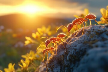 Obraz premium Ants busily foraging on a rock as the sun sets over a vibrant spring landscape