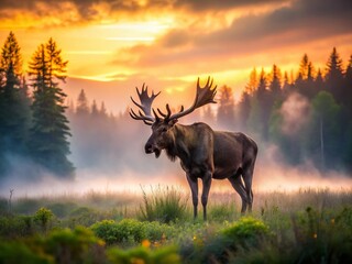 Majestic Moose in Misty Dawn Meadow - Wildlife Photography