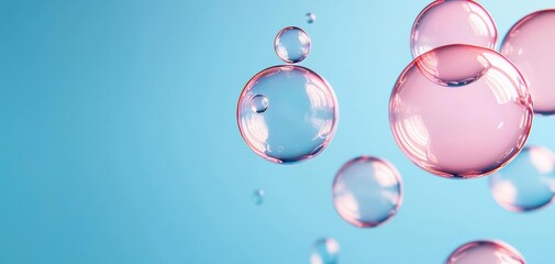 Colorful translucent soap bubbles floating against a bright blue background ideal for playful, dreamy, or clean-themed designs