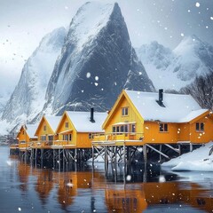 Fototapeta premium Snowfall over yellow houses on stilts by a fjord with mountains.