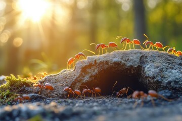 Ants actively working around their nest during springtime in the forest at sunset