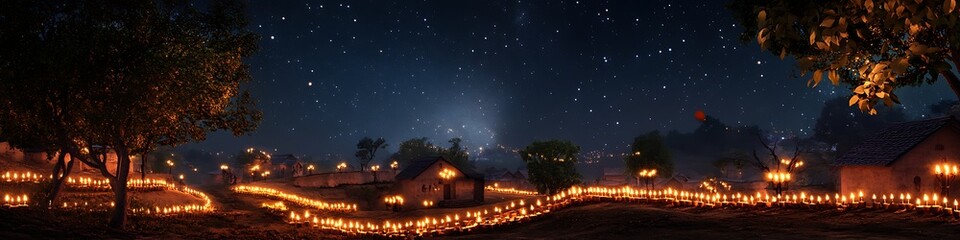 Fototapeta premium A picturesque shot of a peaceful village glowing with rows of diyas and starry night sky