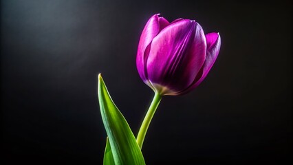 Fototapeta premium Majestic Purple Tulip Bloom, Black Background, Panoramic Vertical