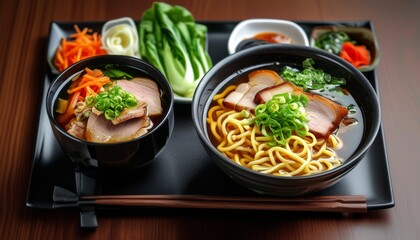 Delicious Tsukemen Dinner Set with Dipping Noodles and Fresh Vegetables in a Japanese Restaurant