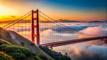 Obraz premium Majestic Red Suspension Bridge Silhouette at San Francisco Bay, Foggy Golden Gate Park Landscape