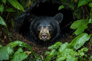 Naklejka premium Black bear waking up in a forest den surrounded by lush green foliage during early morning