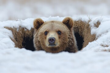 Obraz premium Brown bear waking up from its den in the snowy wilderness during early spring