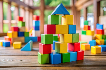 Obraz premium A close-up image of colorful building blocks stacked into a creative tower on a wooden table. Surrounding the tower are scattered blocks of various shapes and sizes in bright primary colors like red, 
