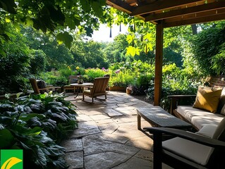 Obraz premium Relaxing garden with bamboo wind chimes, flowering vines, and cozy seating areas