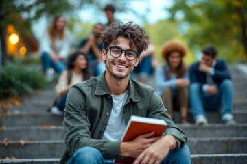 Obraz premium Cheerful Young Student Holding Book on Campus Steps with Friends in the Background