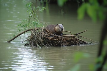 Obraz premium Beaver builds intricate dam during daylight in a serene river environment