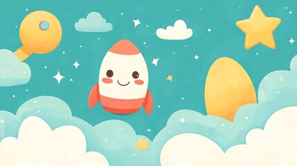 Cute rocket floating among cheerful clouds and stars in a bright sky