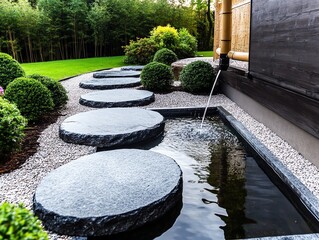Obraz premium Small Japanese garden with stepping stones, a bamboo water spout, and pruned shrubs