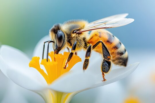 Bee collecting nectar from a white flower in a vibrant spring garden during daytime