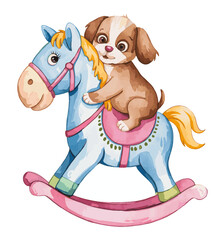 A watercolor-style illustration of a cute brown puppy with a pink nose and big eyes. The puppy is sitting atop a blue rocking
horse