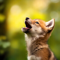 An adorable young fox pup howling with vibrant greenery in the background, showcasing nature's beauty and wildlife spirit.